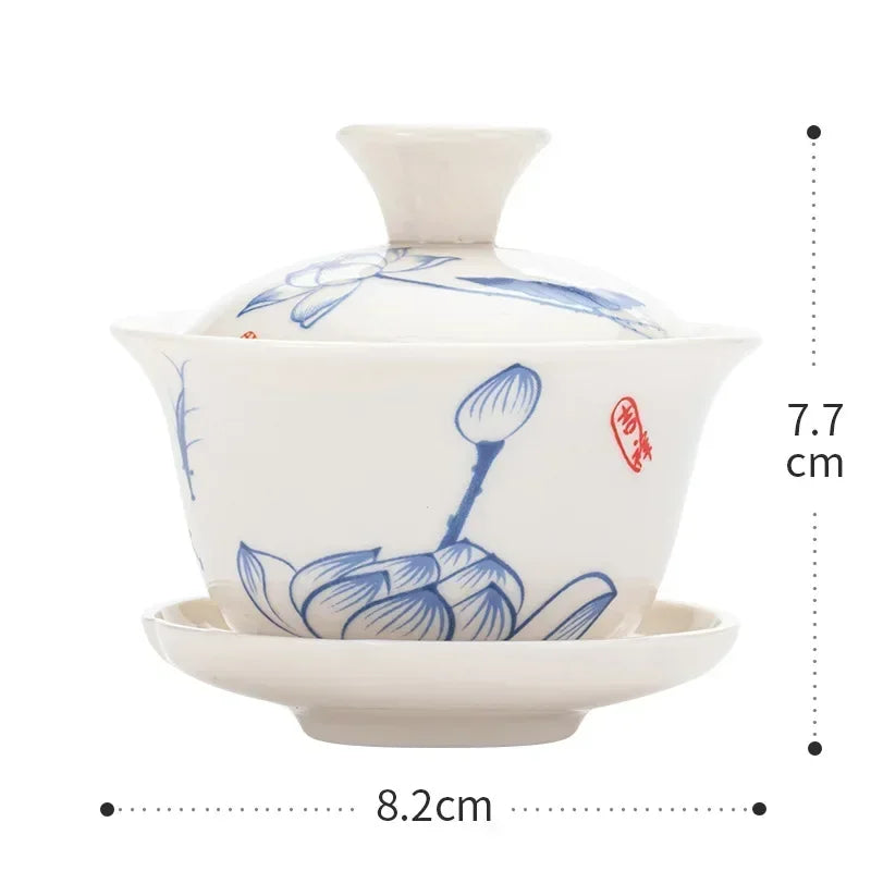 Chinese Gawian Ceramic Handcrafted Tea Tureen Set with Saucers Essential Teaware Authentic Gongfu Tea Bowl Cups