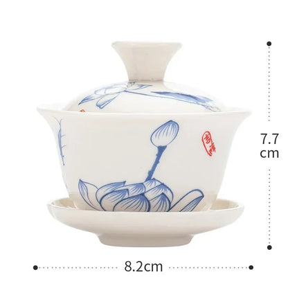 Chinese Gawian Ceramic Handcrafted Tea Tureen Set with Saucers Essential Teaware Authentic Gongfu Tea Bowl Cups