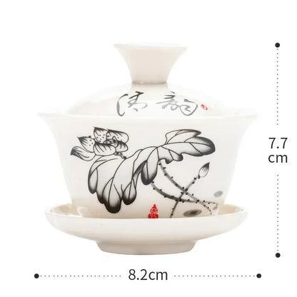 Chinese Gawian Ceramic Handcrafted Tea Tureen Set with Saucers Essential Teaware Authentic Gongfu Tea Bowl Cups