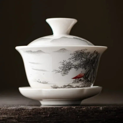 Chinese Gawian Ceramic Handcrafted Tea Tureen Set with Saucers Essential Teaware Authentic Gongfu Tea Bowl Cups