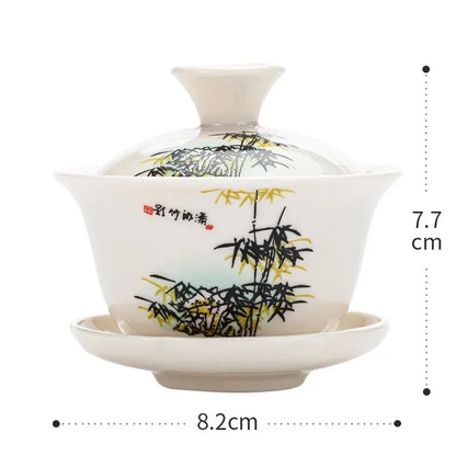 Chinese Gawian Ceramic Handcrafted Tea Tureen Set with Saucers Essential Teaware Authentic Gongfu Tea Bowl Cups