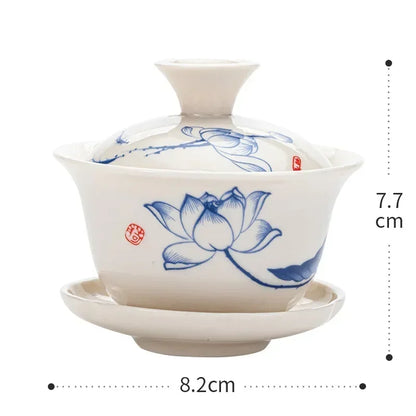 Chinese Gawian Ceramic Handcrafted Tea Tureen Set with Saucers Essential Teaware Authentic Gongfu Tea Bowl Cups