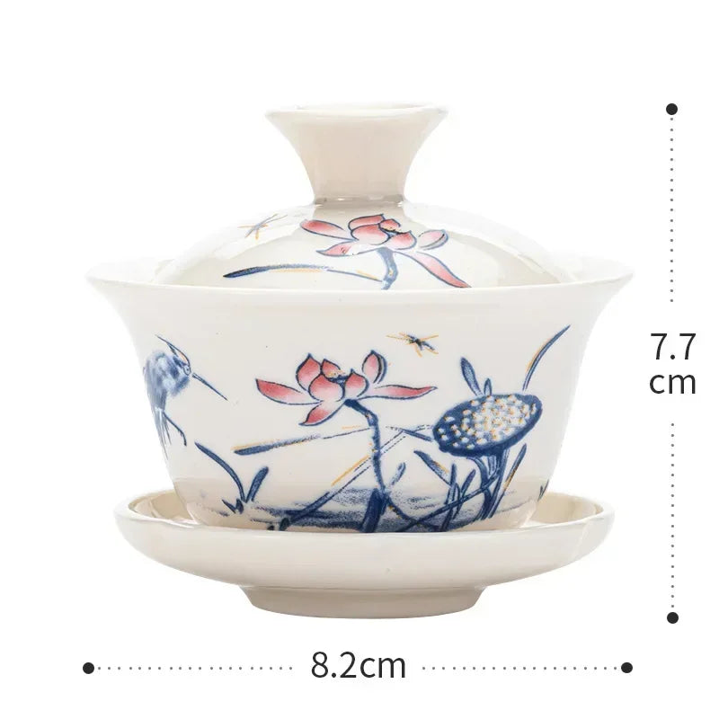 Chinese Gawian Ceramic Handcrafted Tea Tureen Set with Saucers Essential Teaware Authentic Gongfu Tea Bowl Cups