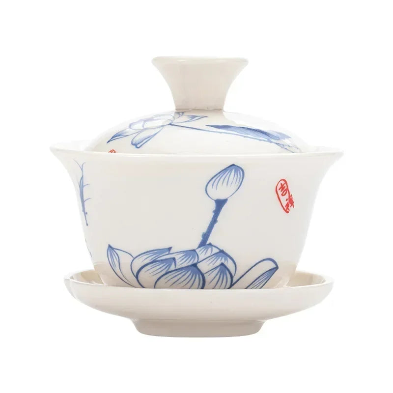 Chinese Gawian Ceramic Handcrafted Tea Tureen Set with Saucers Essential Teaware Authentic Gongfu Tea Bowl Cups