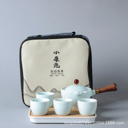 Chinese Gong Fu Tea Set Portable 360 Rotation Teapot Ceramic Tea Maker Infuser Semi-Automatic Teaware for Home Office Travel