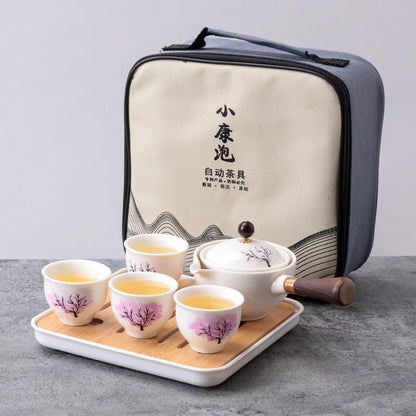 Chinese Gong Fu Tea Set Portable 360 Rotation Teapot Ceramic Tea Maker Infuser Semi-Automatic Teaware for Home Office Travel
