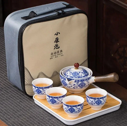 Chinese Gong Fu Tea Set Portable 360 Rotation Teapot Ceramic Tea Maker Infuser Semi-Automatic Teaware for Home Office Travel