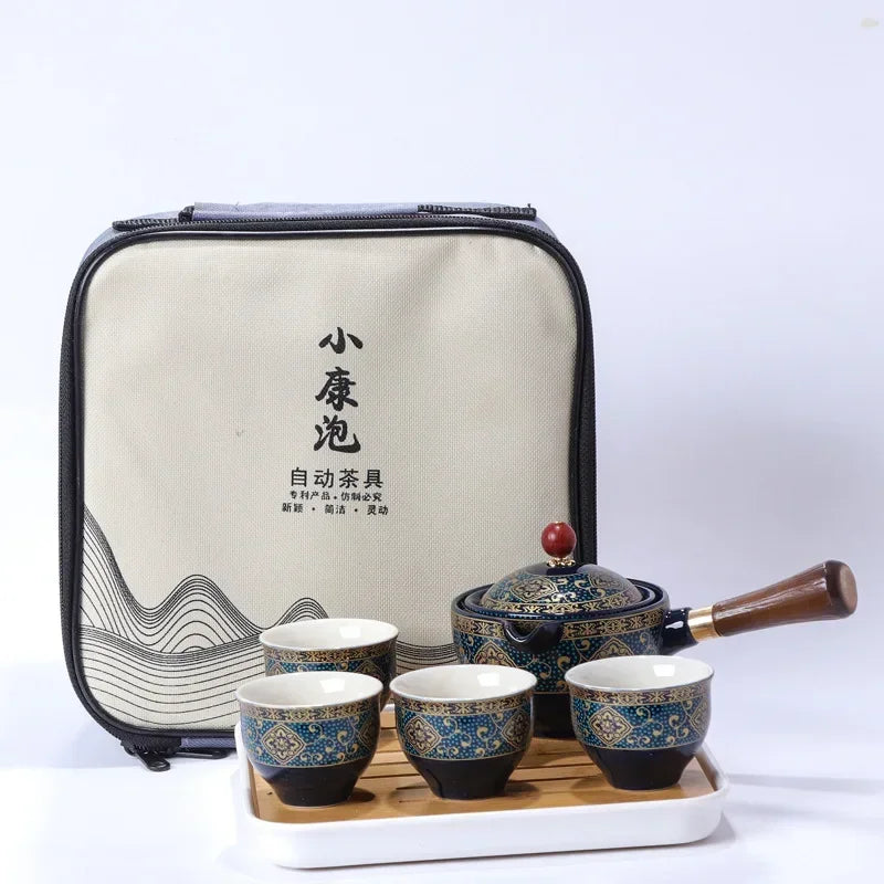 Chinese Gong Fu Tea Set Portable 360 Rotation Teapot Ceramic Tea Maker Infuser Semi-Automatic Teaware for Home Office Travel