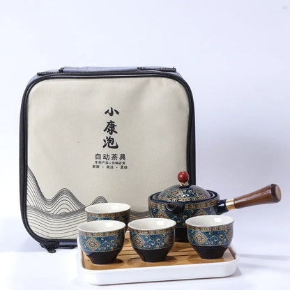 Chinese Gong Fu Tea Set Portable 360 Rotation Teapot Ceramic Tea Maker Infuser Semi-Automatic Teaware for Home Office Travel