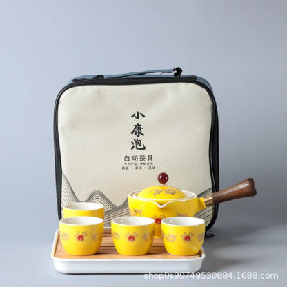 Chinese Gong Fu Tea Set Portable 360 Rotation Teapot Ceramic Tea Maker Infuser Semi-Automatic Teaware for Home Office Travel