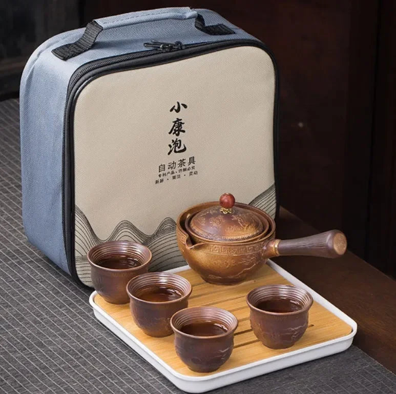 Chinese Gong Fu Tea Set Portable 360 Rotation Teapot Ceramic Tea Maker Infuser Semi-Automatic Teaware for Home Office Travel