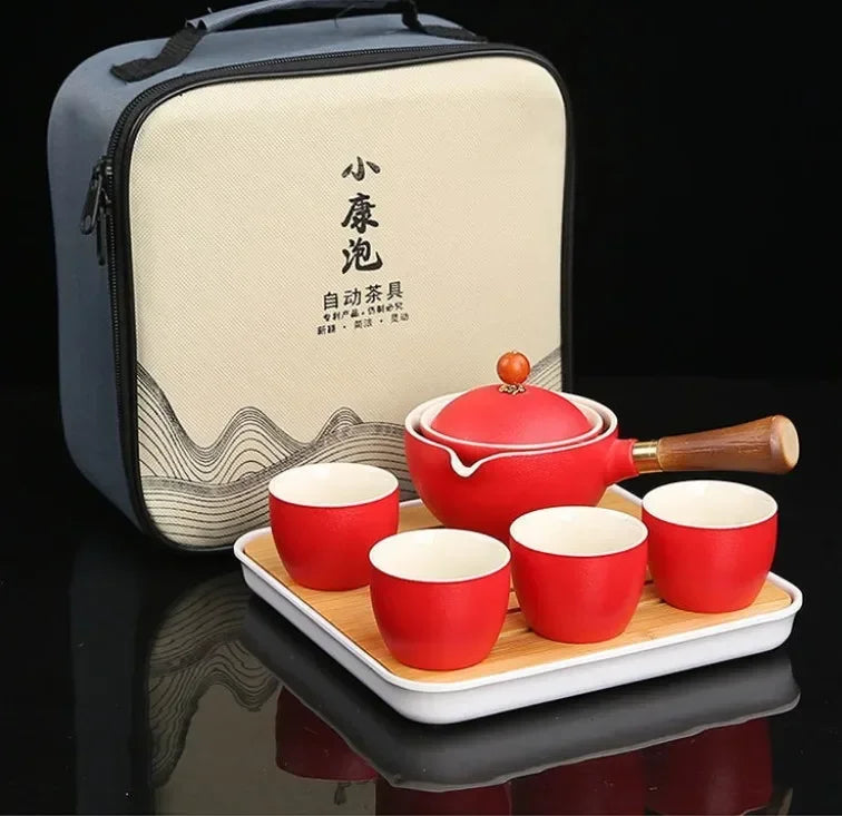 Chinese Gong Fu Tea Set Portable 360 Rotation Teapot Ceramic Tea Maker Infuser Semi-Automatic Teaware for Home Office Travel