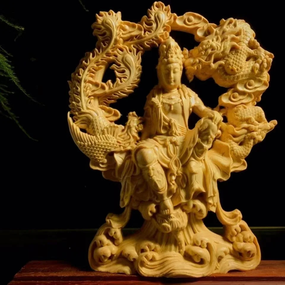 Chinese Guanyin Woodcarving Dragon and Phoenix Statue Solid Wood Carving Home Decor Buddha Statue