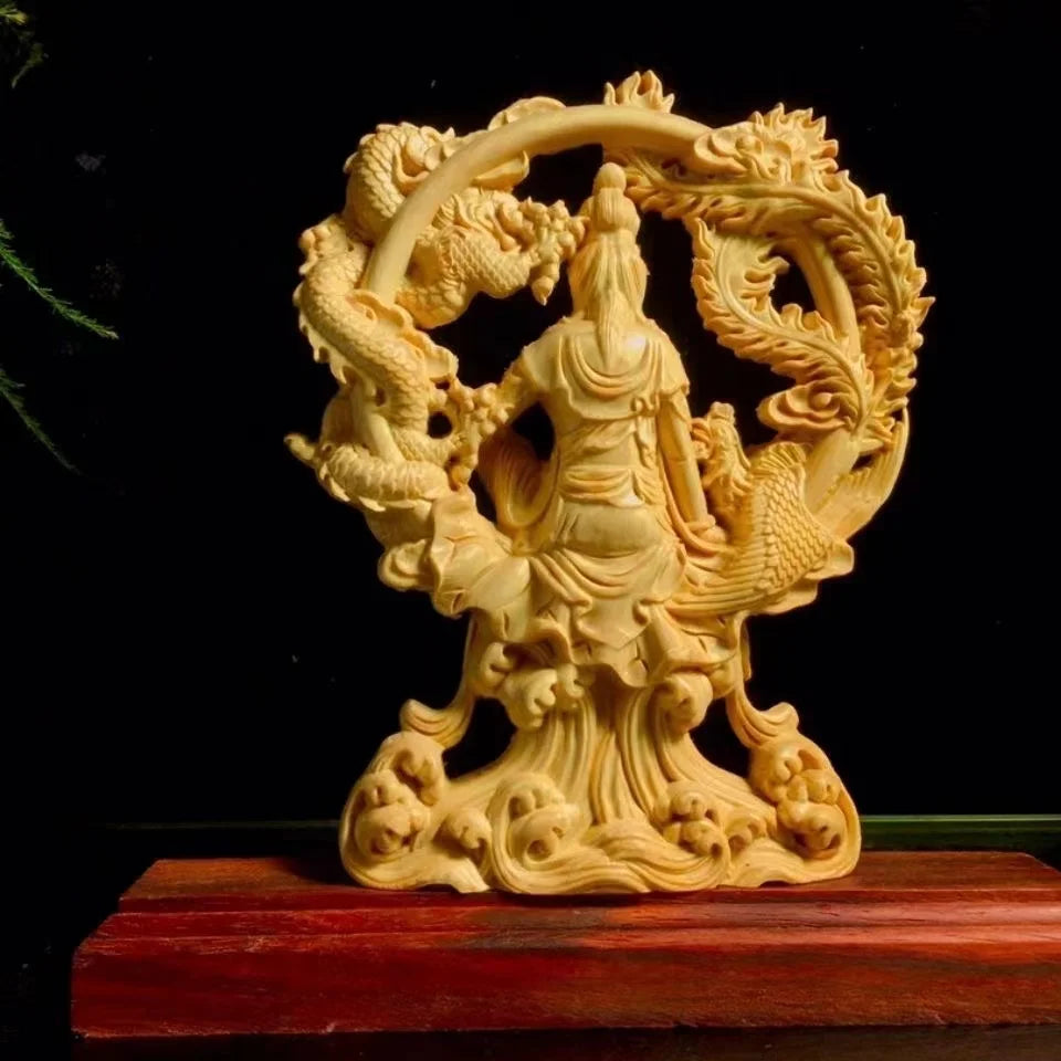 Chinese Guanyin Woodcarving Dragon and Phoenix Statue Solid Wood Carving Home Decor Buddha Statue