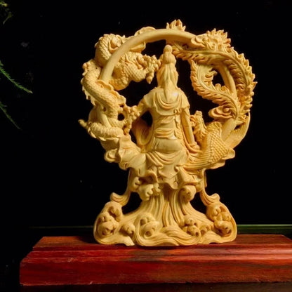 Chinese Guanyin Woodcarving Dragon and Phoenix Statue Solid Wood Carving Home Decor Buddha Statue