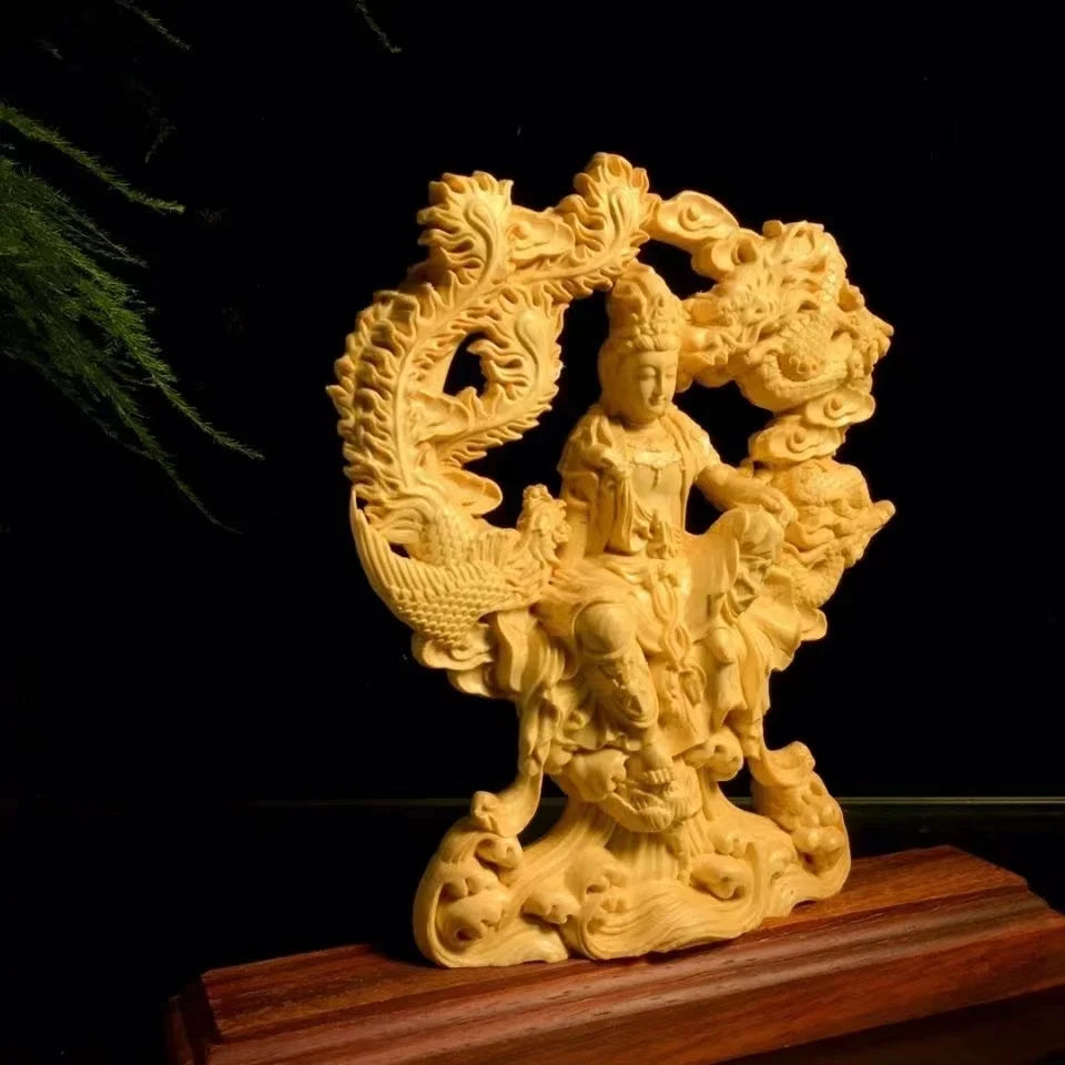 Chinese Guanyin Woodcarving Dragon and Phoenix Statue Solid Wood Carving Home Decor Buddha Statue