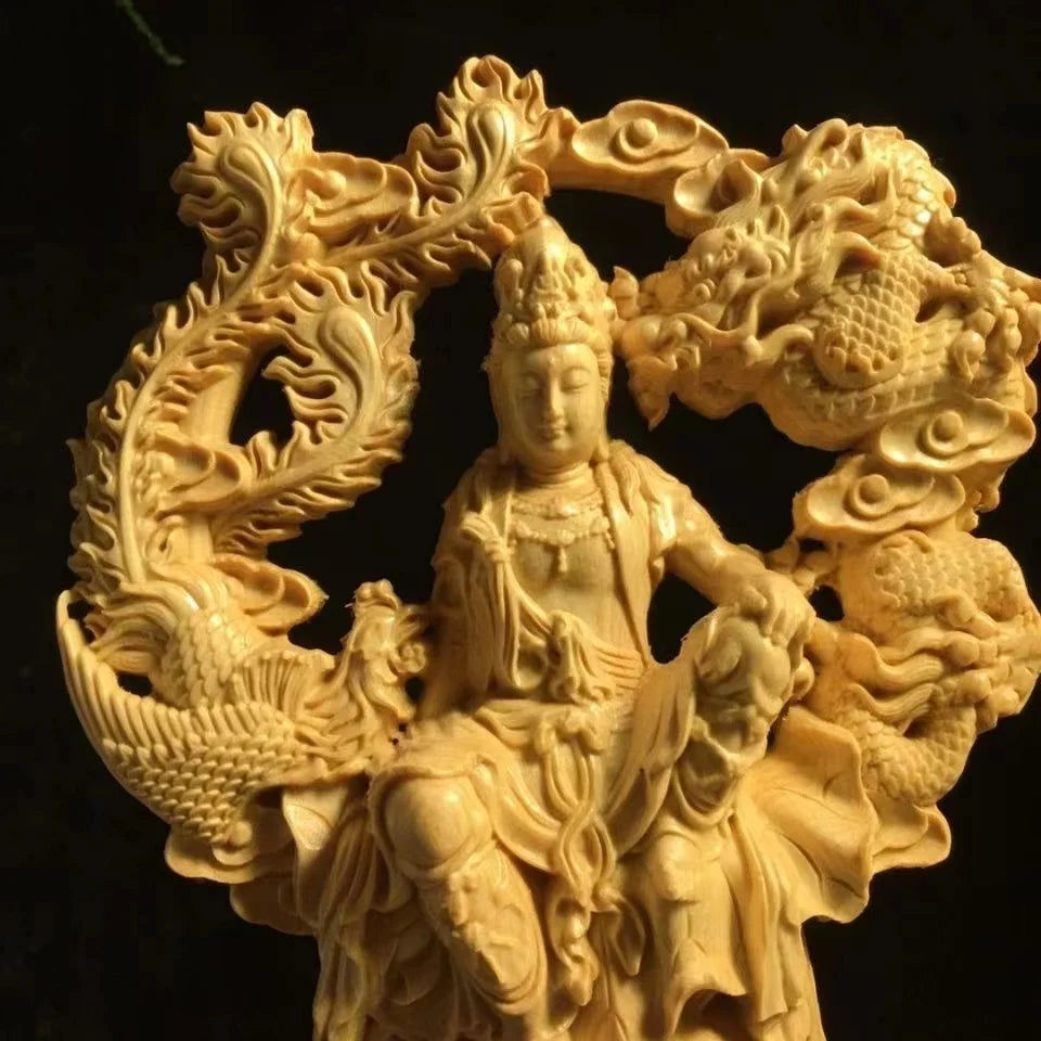 Chinese Guanyin Woodcarving Dragon and Phoenix Statue Solid Wood Carving Home Decor Buddha Statue