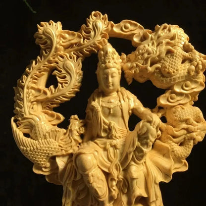 Chinese Guanyin Woodcarving Dragon and Phoenix Statue Solid Wood Carving Home Decor Buddha Statue