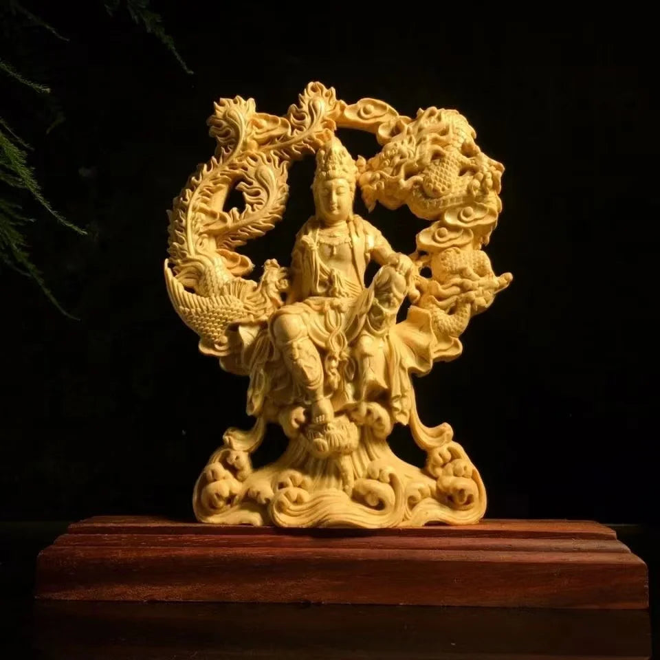 Chinese Guanyin Woodcarving Dragon and Phoenix Statue Solid Wood Carving Home Decor Buddha Statue