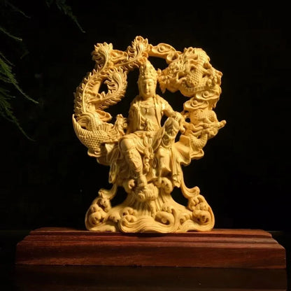 Chinese Guanyin Woodcarving Dragon and Phoenix Statue Solid Wood Carving Home Decor Buddha Statue