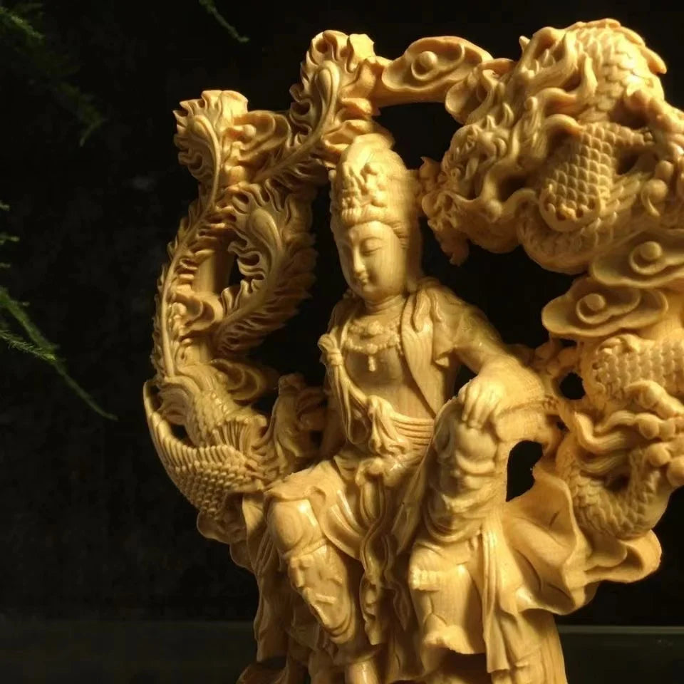 Chinese Guanyin Woodcarving Dragon and Phoenix Statue Solid Wood Carving Home Decor Buddha Statue
