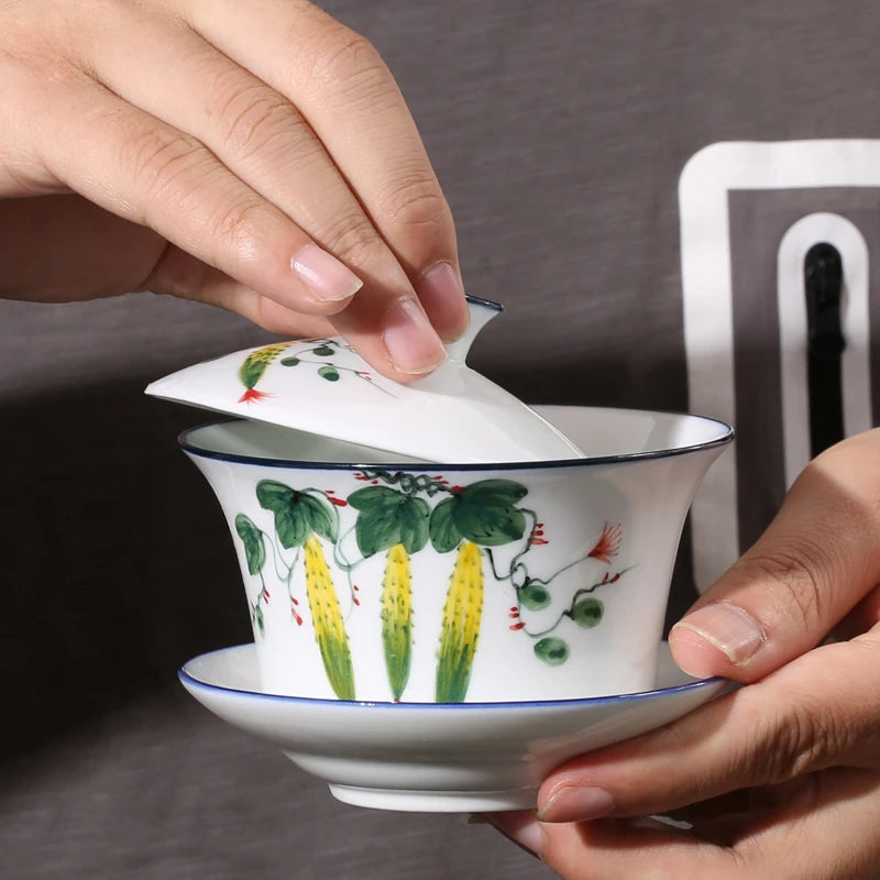 Chinese Hand Painted Ceramic Gaiwan Teacup handmade Tea tureen Teaware Accessories Household Drinkware Personal Single Cup 240ml