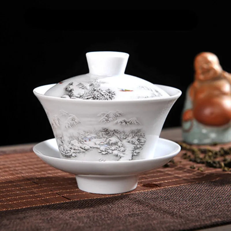 Chinese Hand Painted Tea Set, Tureen Dehua, White Porcelain Gaiwan, High Quality, 220ml, Hot Sale