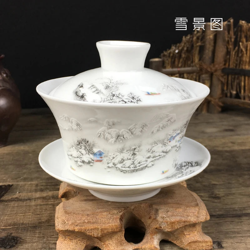 Chinese Hand Painted Tea Set, Tureen Dehua, White Porcelain Gaiwan, High Quality, 220ml, Hot Sale
