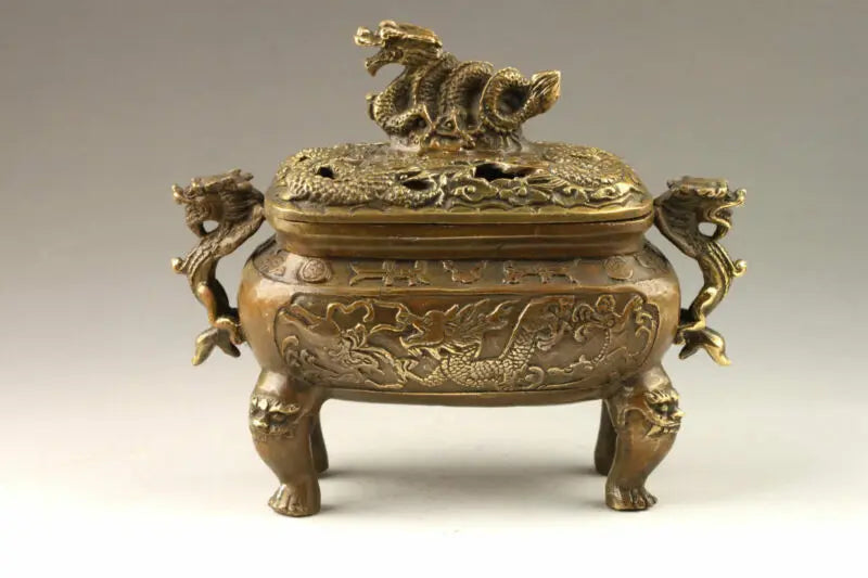 Chinese Handmade Exquisite Vivid Dragons Bronze Incense Burner