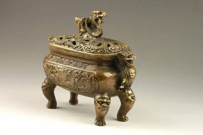 Chinese Handmade Exquisite Vivid Dragons Bronze Incense Burner