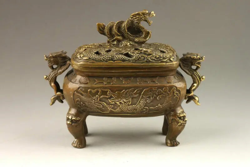 Chinese Handmade Exquisite Vivid Dragons Bronze Incense Burner