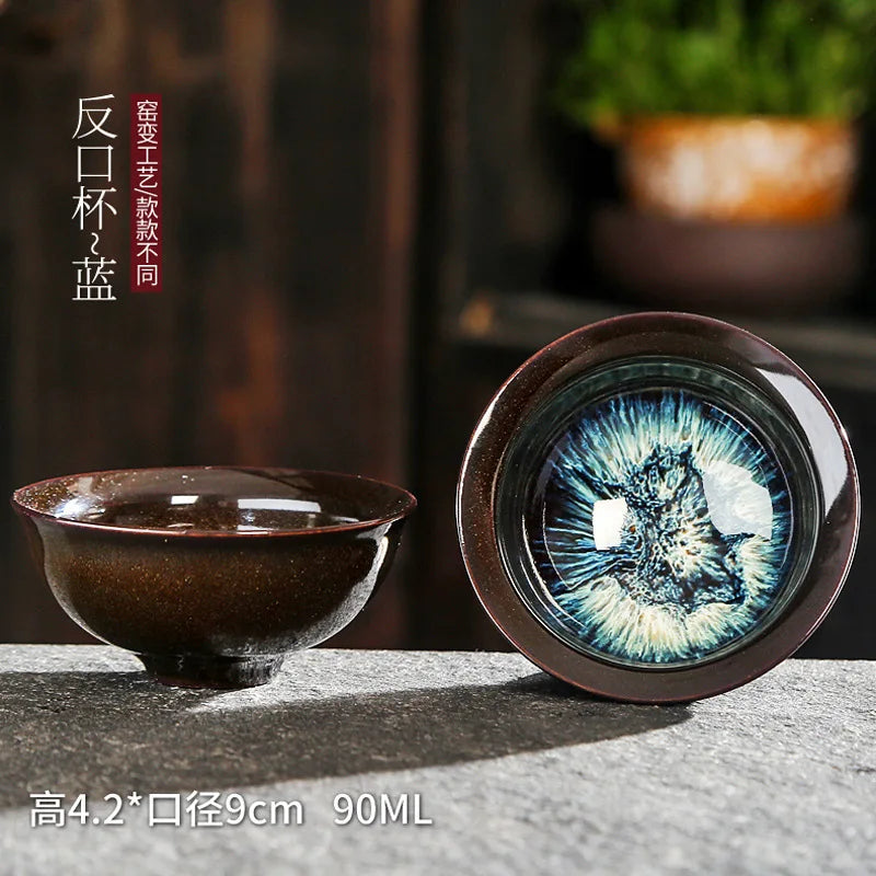 Chinese Kiln Change Ceramic Jianzhan Tea Cup Retro Temmoku Glaze Teacup Blue Pottery Tea Bowl Home Teaware Master Cups Wholesale