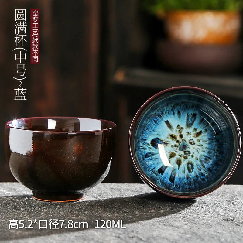 Chinese Kiln Change Ceramic Jianzhan Tea Cup Retro Temmoku Glaze Teacup Blue Pottery Tea Bowl Home Teaware Master Cups Wholesale
