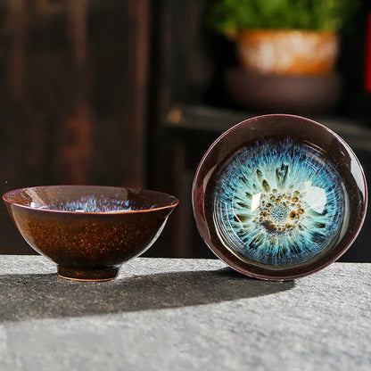 Chinese Kiln Change Ceramic Jianzhan Tea Cup Retro Temmoku Glaze Teacup Blue Pottery Tea Bowl Home Teaware Master Cups Wholesale
