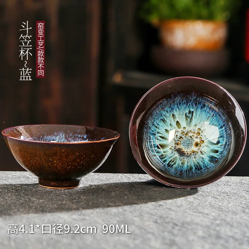 Chinese Kiln Change Ceramic Jianzhan Tea Cup Retro Temmoku Glaze Teacup Blue Pottery Tea Bowl Home Teaware Master Cups Wholesale
