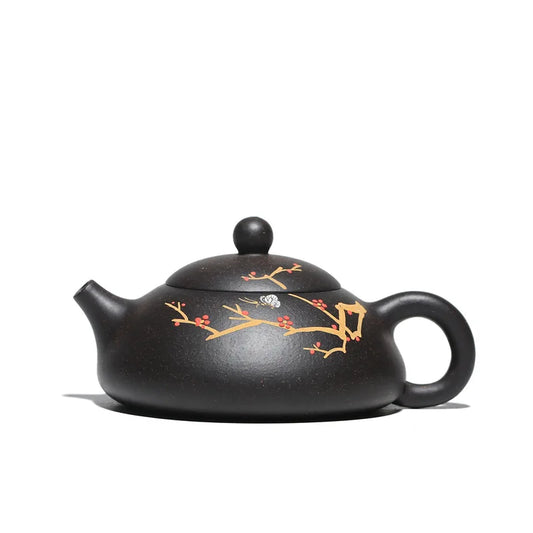 Chinese Kongfu Tea Pots, Mud Painted Plum, Raw Black Mud, Flat Winter Scoop Pot, Yixing Purply Clay Teapot, 200ml Teaware