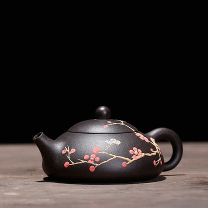 Chinese Kongfu Tea Pots, Mud Painted Plum, Raw Black Mud, Flat Winter Scoop Pot, Yixing Purply Clay Teapot, 200ml Teaware