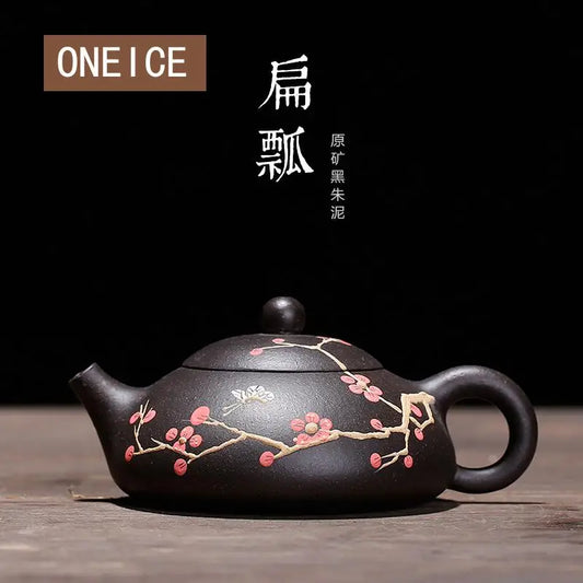 Chinese Kongfu Tea Pots, Mud Painted Plum, Raw Black Mud, Flat Winter Scoop Pot, Yixing Purply Clay Teapot, 200ml Teaware