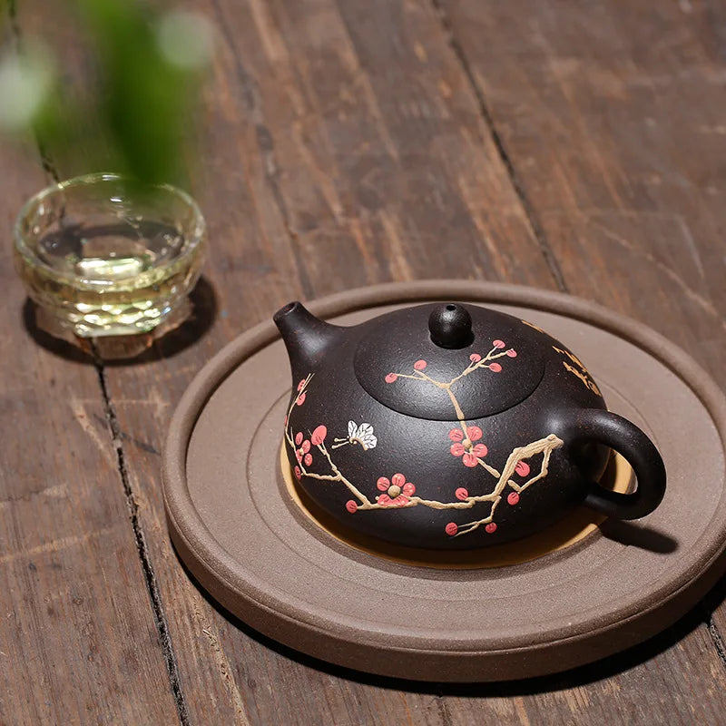Chinese Kongfu Tea Pots, Mud Painted Plum, Raw Black Mud, Flat Winter Scoop Pot, Yixing Purply Clay Teapot, 200ml Teaware