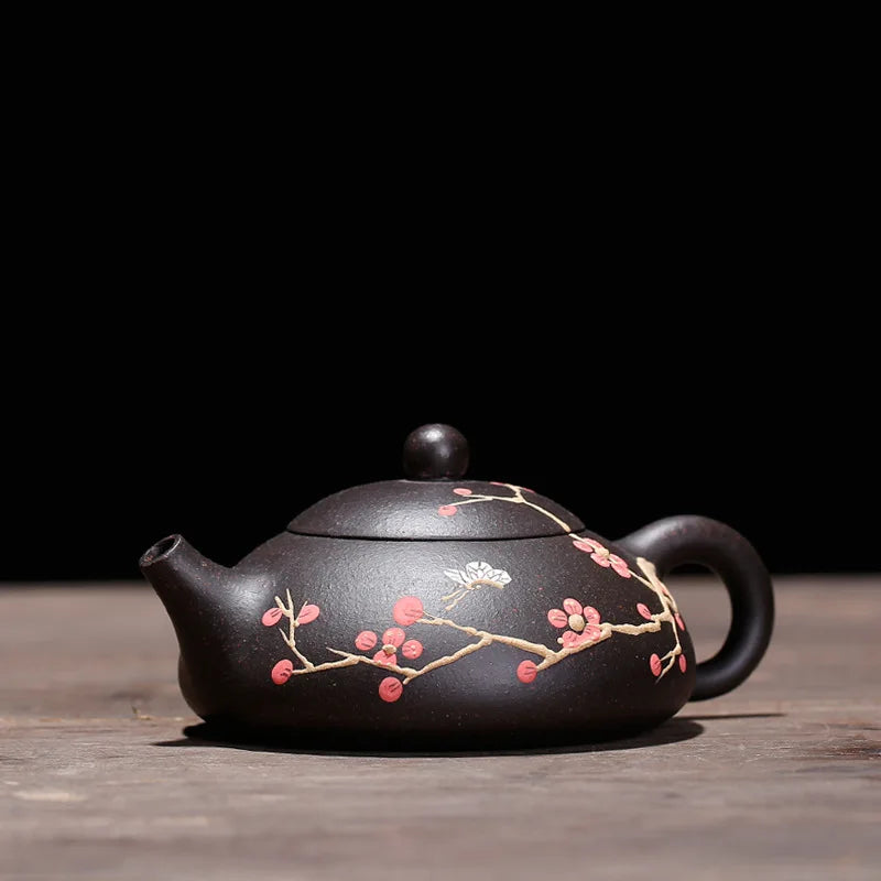 Chinese Kongfu Tea Pots, Mud Painted Plum, Raw Black Mud, Flat Winter Scoop Pot, Yixing Purply Clay Teapot, 200ml Teaware