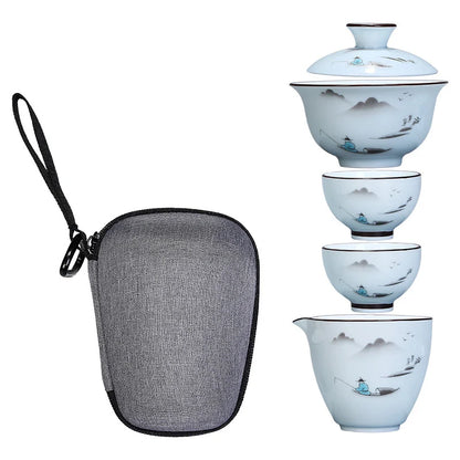Chinese Kung Fu Tea Set Ceramic Portable Teapot Set Travel Gaiwan Tea Cups of Tea Ceremony Teacup Fine Gift With Travel Bag