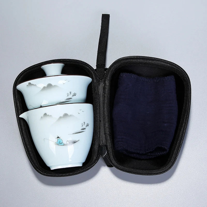Chinese Kung Fu Tea Set Ceramic Portable Teapot Set Travel Gaiwan Tea Cups of Tea Ceremony Teacup Fine Gift With Travel Bag