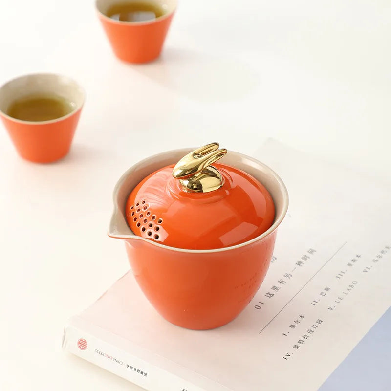 Chinese Kung Fu Tea Set Ceramic Teapot Matt Rabbit Pot Japanese Household Tea Cup Portable Outdoor Travel Gaiwan