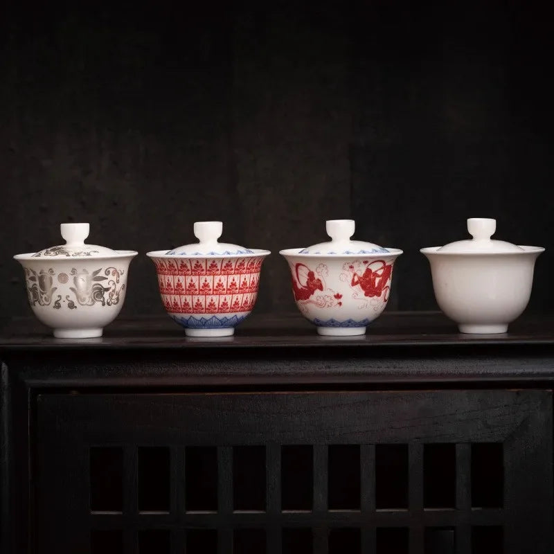 Chinese Kung Fu Tea Tureen Ceramic Teaware Gai Wan Handmade Porcelanas Tea Bowl Cups Porcelain Gaiwan Color Enamel Teacups