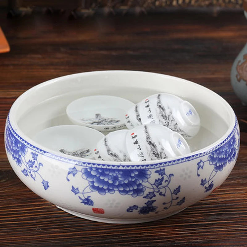 Chinese Kung Fu Tea Wash Bowl, Multifunctional Flowerpot, Ceramic Tea Ceremony Accessories, Exquisite Teaware, 8 Inch Flowers