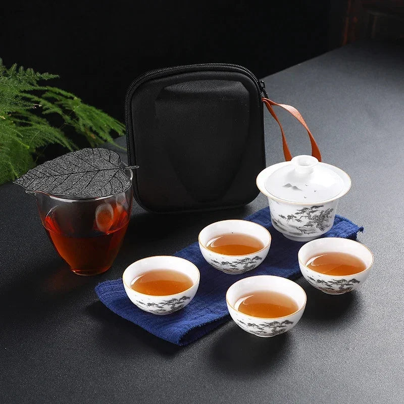 Chinese Kung Fu Teapot Tea Set Ceramic Portable Teapot Set One Pot Two Cup Outdoor Travel Gaiwan Tea Cups of Tea Ceremony Teacup