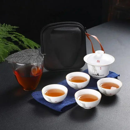 Chinese Kung Fu Teapot Tea Set Ceramic Portable Teapot Set One Pot Two Cup Outdoor Travel Gaiwan Tea Cups of Tea Ceremony Teacup