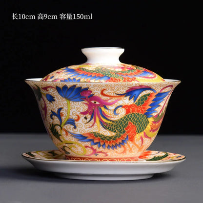 Chinese Kungfu Gaiwan Tea Tureen Intricately Designed Dragon and Phoenix Tea Cups with Elegant Ceramic Color Enamel Teaware
