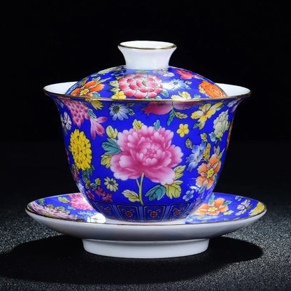 Chinese Kungfu Gaiwan Tea Tureen Intricately Designed Dragon and Phoenix Tea Cups with Elegant Ceramic Color Enamel Teaware