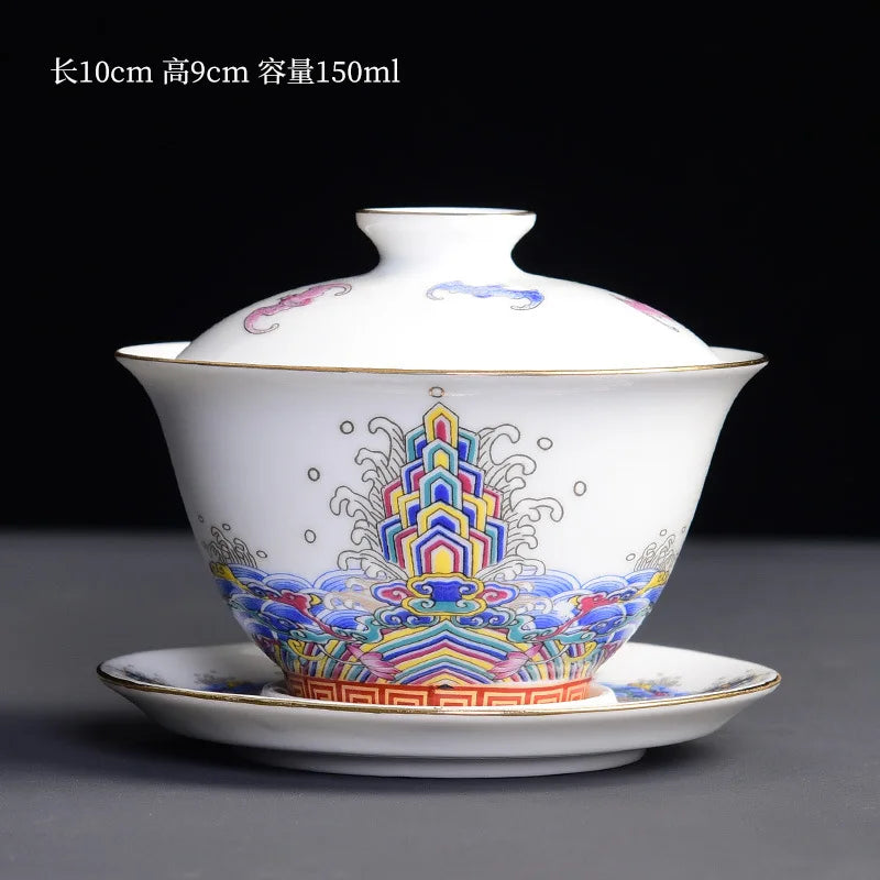 Chinese Kungfu Gaiwan Tea Tureen Intricately Designed Dragon and Phoenix Tea Cups with Elegant Ceramic Color Enamel Teaware